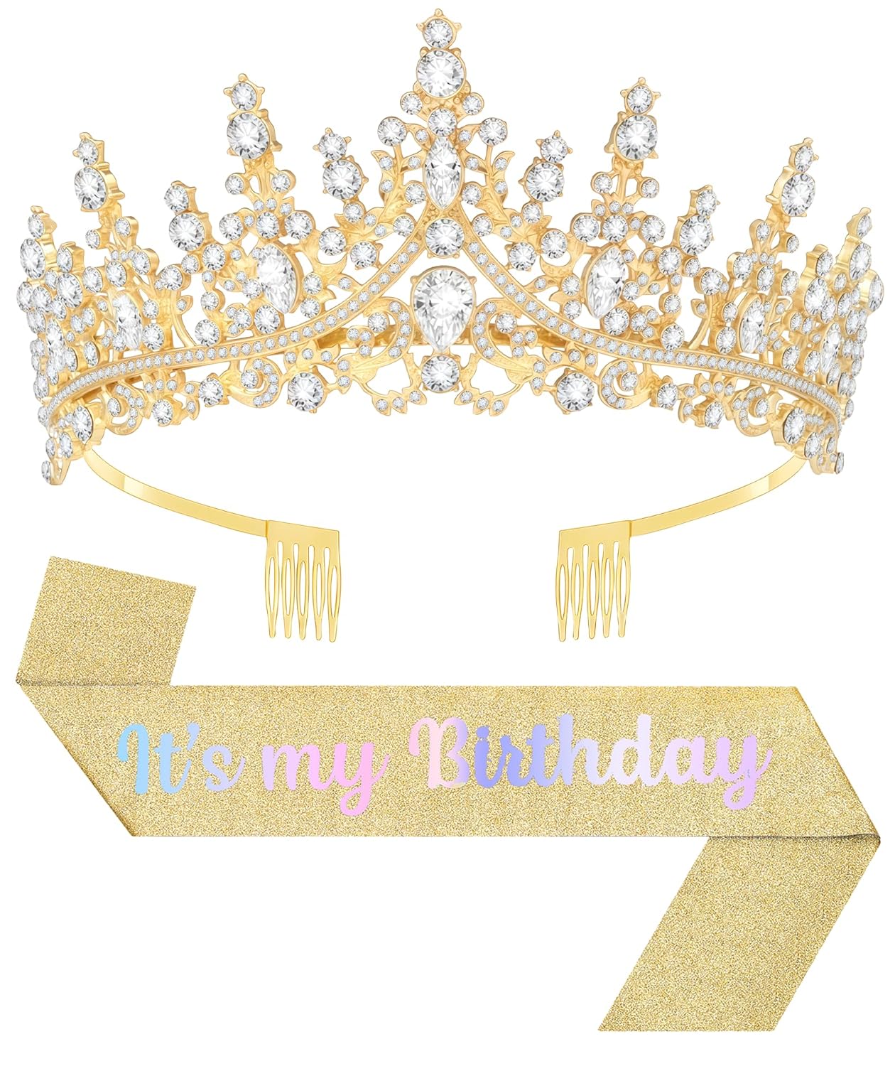 Birthday Tiara and Crown with Sash, Birthday Tiara for Women Party Silver