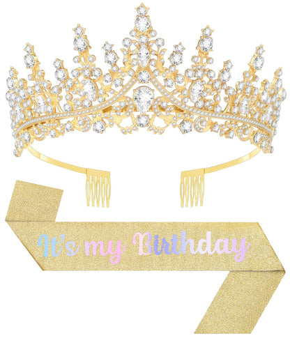 Birthday Tiara and Crown with Sash, Birthday Tiara for Women Party Silver