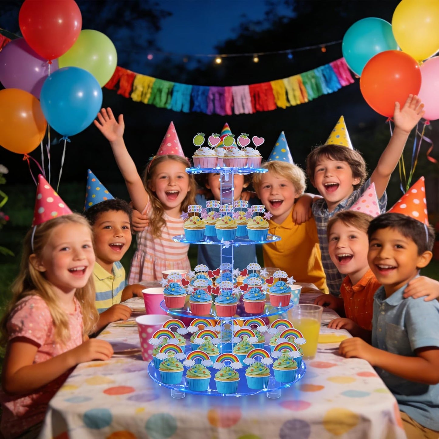 YestBuy Cupcake Stand with Yellow Led Lights, 4 Tier Cupcake Stand for 50 Cupcakes, Acrylic Cupcake Tower Stand, Clear Tiered Cupcake Holder for Birthday Cady Bar Décor Weddings, Parties Events