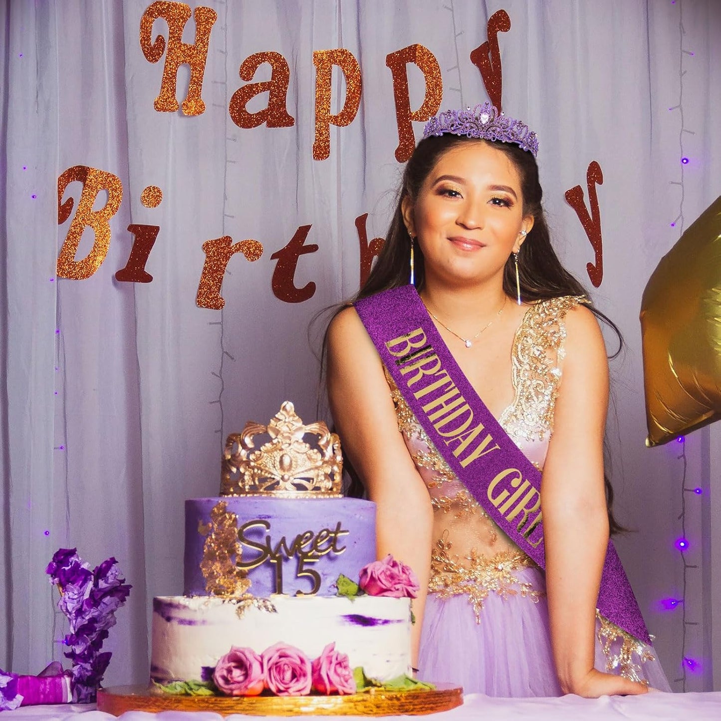 CIEHER Birthday Girl Crown and Sash - Rose Gold Tiara Birthday Decorations for Women and Girls