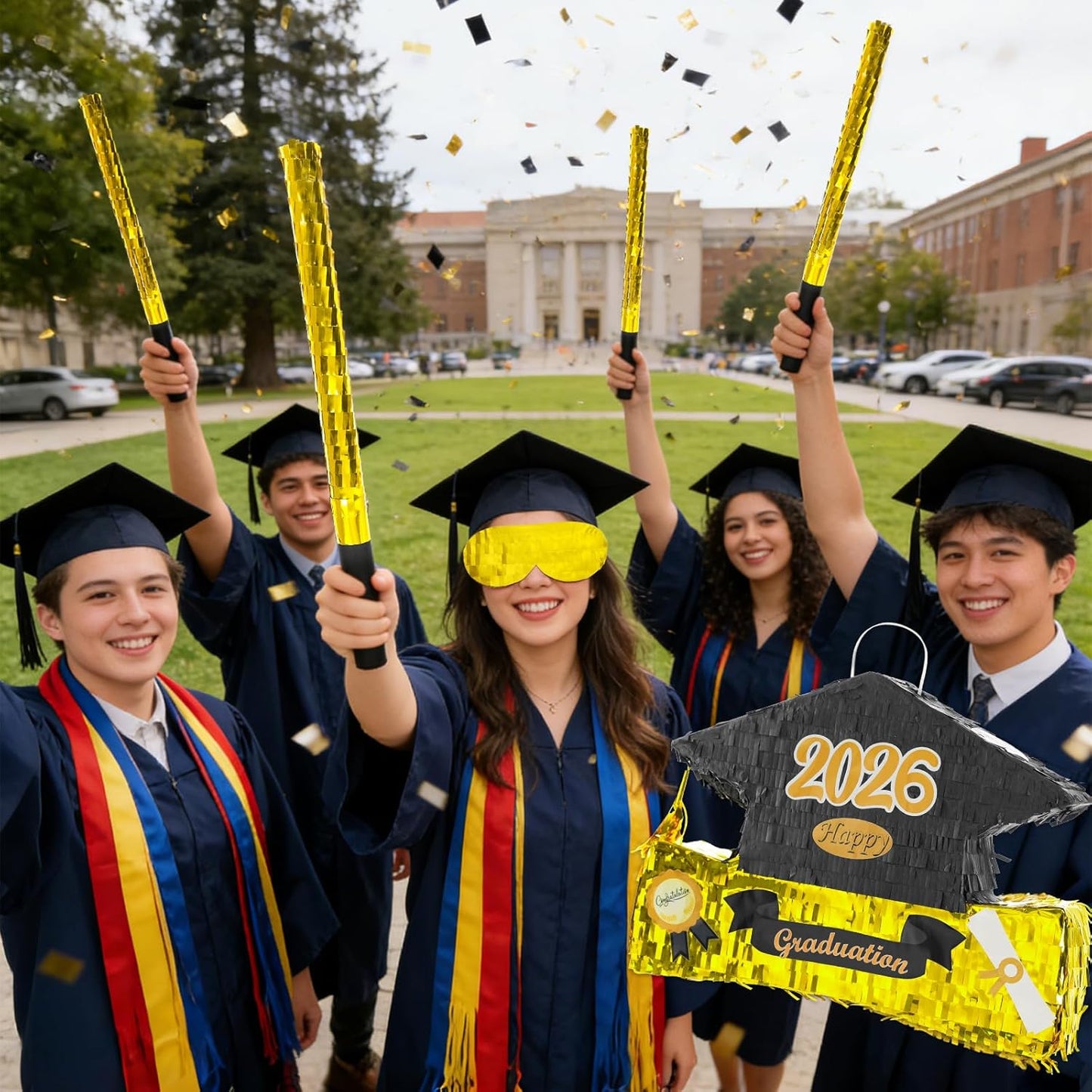 2026 Graduation Piñata with Stick,Blindfold,Confetti - 15.8 Inch Congrats Grad Cap Piñata Yellow End of Year Piñata Party Decoration for Kindergarten School Elementary College Games (Style 2)