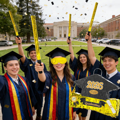 2026 Graduation Piñata with Stick,Blindfold,Confetti - 15.8 Inch Congrats Grad Cap Piñata Yellow End of Year Piñata Party Decoration for Kindergarten School Elementary College Games (Style 2)