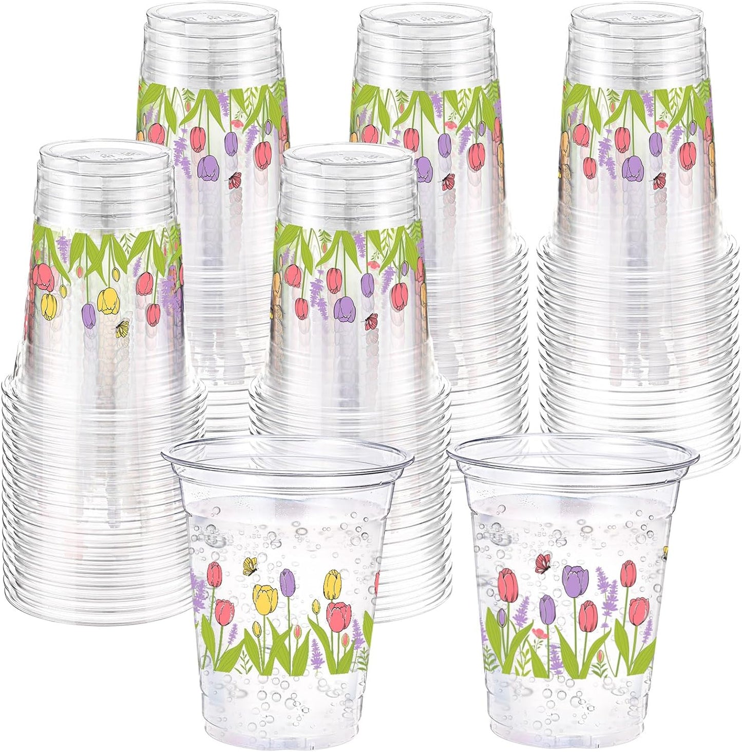 Hushee 60 Pcs Purple Floral Cups with Spring Summer Flower 16 oz Wildflowers Plastic Disposable Drinking Cups for Summer Spring Birthday Baby Shower Wedding Party Supplies