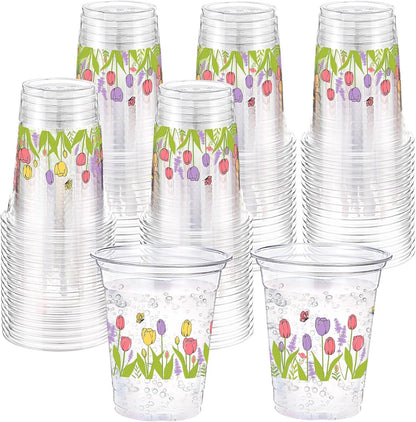Hushee 60 Pcs Purple Floral Cups with Spring Summer Flower 16 oz Wildflowers Plastic Disposable Drinking Cups for Summer Spring Birthday Baby Shower Wedding Party Supplies