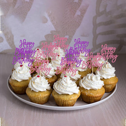 24 PCS Happy Birthday Cupcake Toppers Glitter Picks for Celebrating Anniversary Theme Party Cake Decorations Supplies Gold