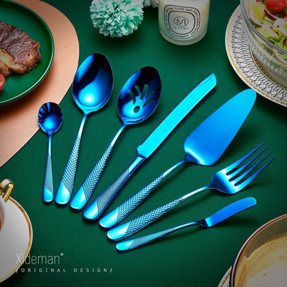 Xideman® 7-Piece Hammered 18/10 Stainless Steel Silverware Serving Utensil Set - Hostess Flatware with Cake Knife & Cake Server (Champagne Gold)