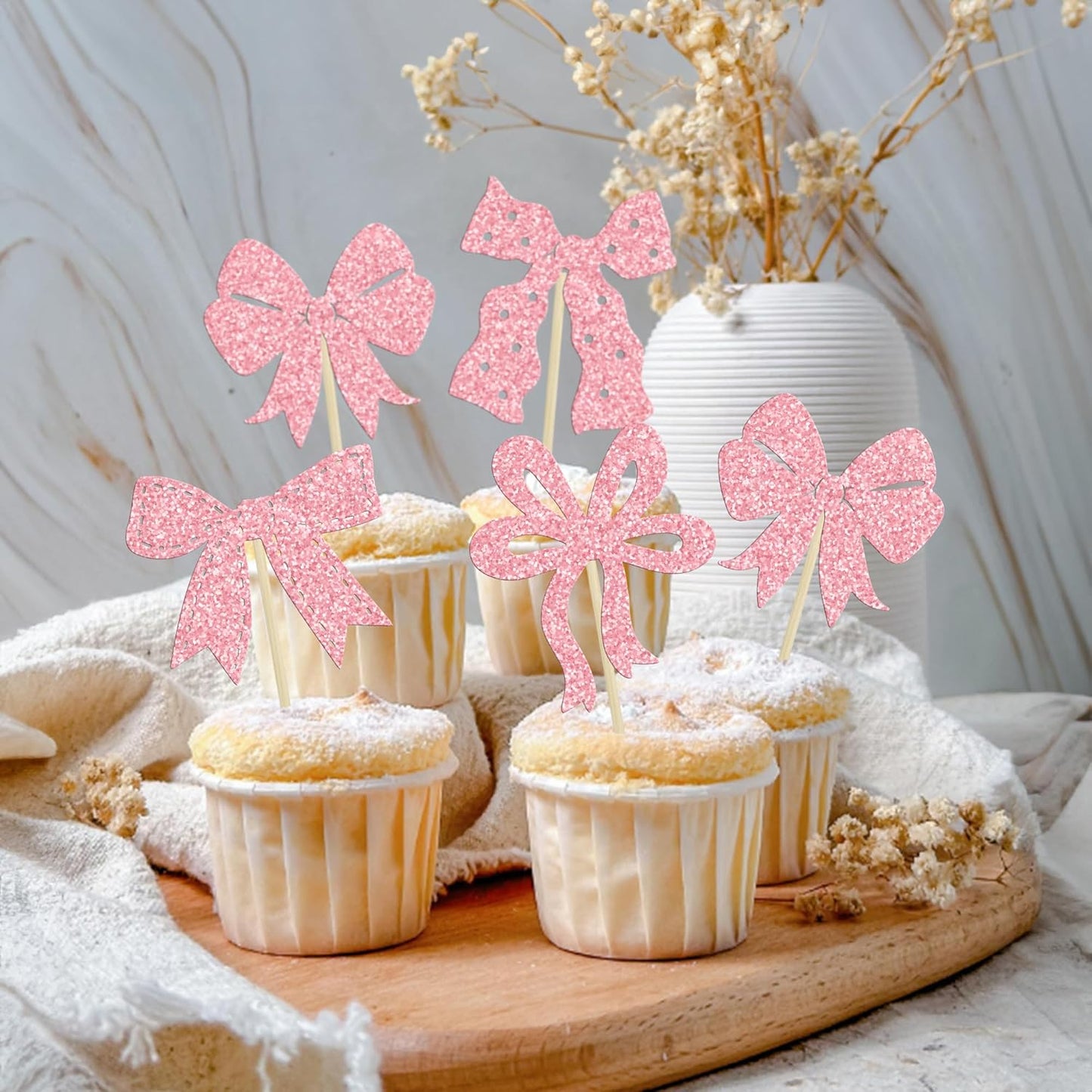 Ephlyn 24Pcs Pink Bow Cupcake Toppers Bow Birthday Cake Topper Girls Birthday Party Decorations Bowknot Cupcake Decorations for Bridal Wedding Themed Party Multi