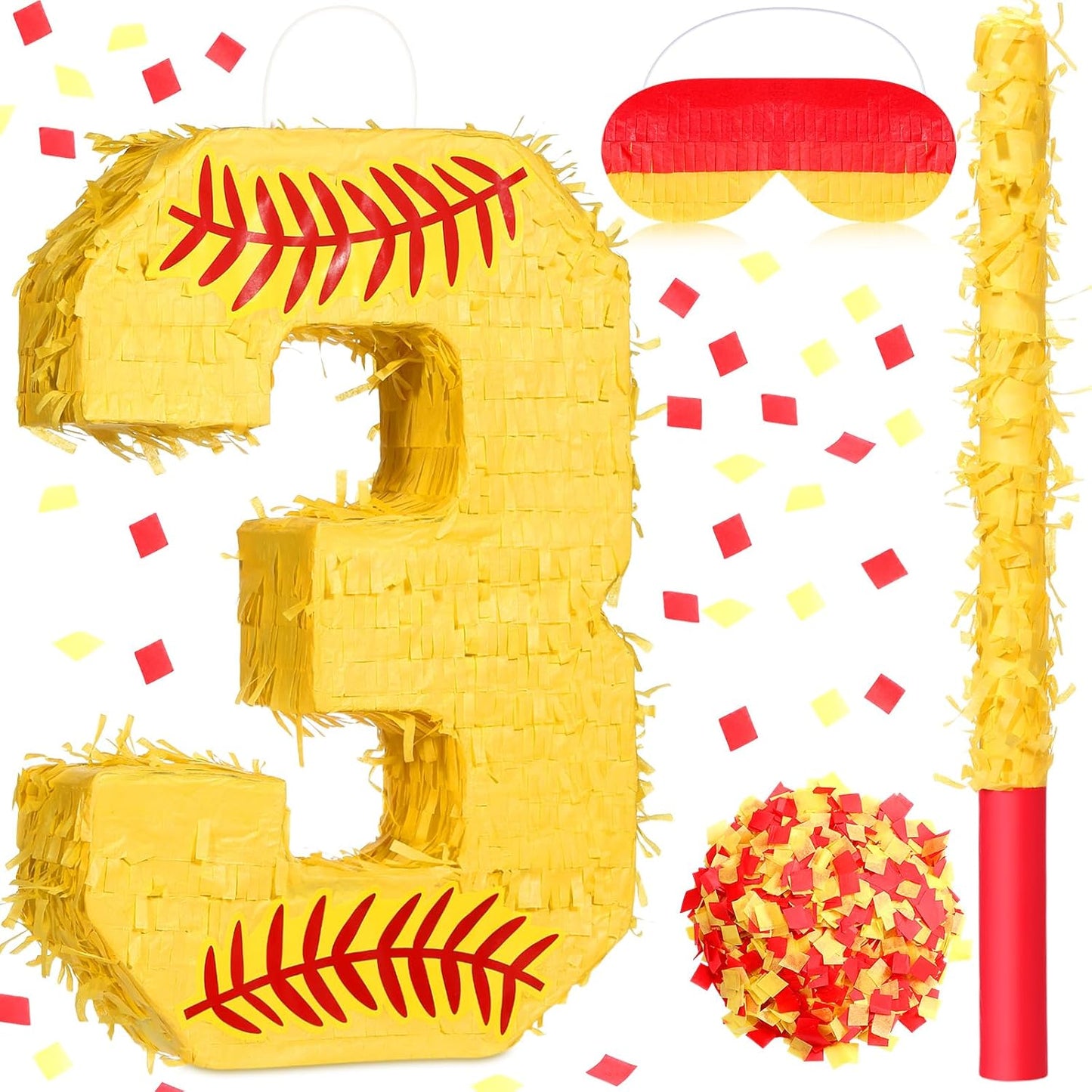 Soulchen Softball Number Piñata Set 16 Inch Yellow Softball Piñata with Blindfold Bat Confetti for Ball Sports Themed Birthday School Party Supplies Outdoor Game Decoration(Number 5)