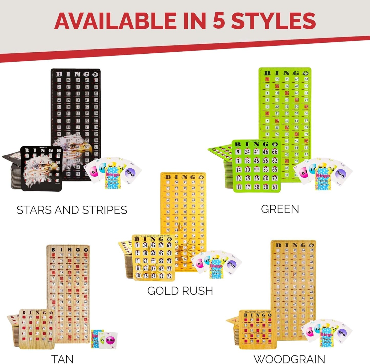 MR CHIPS Jam-Proof Bingo Cards with Sliding Windows, 25 Reusable Shutter Cards, 75 Calling Cards 1 Master Board in Tan Woodgrain Style
