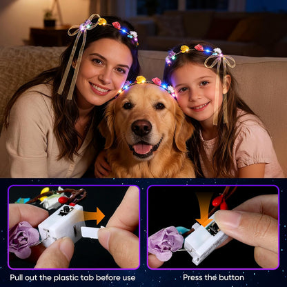 50 PCS LED Flower Crowns Headbands with Ribbons, Light Up Flower Headband for Women, Glow in the Dark Party Supplies for Wedding Birthday Party