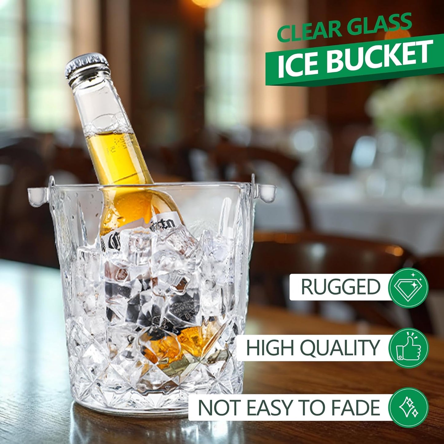 Glass Ice Bucket with Handle and Ice Tong Holds 37oz of Ice Clear Crystal Ice Buckets for Cocktail Bar Wine Home Bar Accessories Parties Clear Champagne Bucket