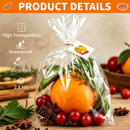 50pcs Clear Cellophane Treat Bags - 8 x 11 Inches Large Plastic Gift Bags with 60 Gold Twist Ties - Food Grade Cello Bags for Packaging Cookies, Candies, Popcorn, Bakery, Party Favors & DIY Crafts