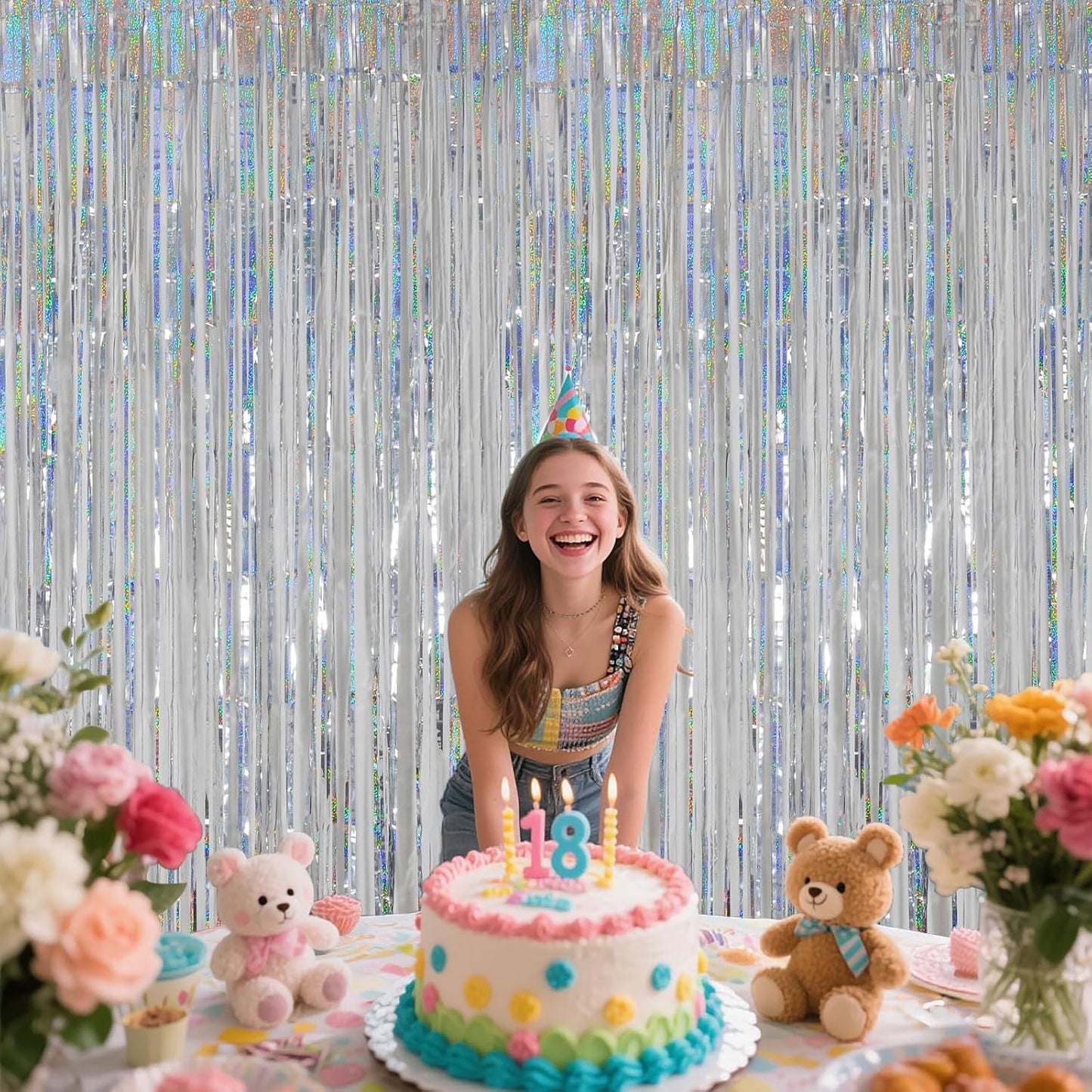 Iridescent Party Decorations Fringe Backdrop, Sparkling Holographic Foil Fringe Tinsel Curtains for Frozen Mermaid Birthday Party Decor - 3.28x6.56ft 2 Packs
