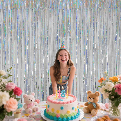 Iridescent Party Decorations Fringe Backdrop, Sparkling Holographic Foil Fringe Tinsel Curtains for Frozen Mermaid Birthday Party Decor - 3.28x6.56ft 2 Packs