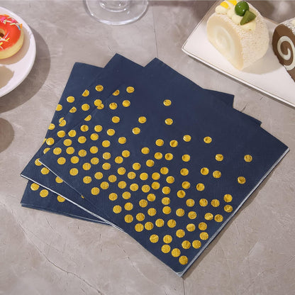 100PCS Blue Party Napkins Gold Dot Cocktail Paper Napkins Beverage Napkin for Birthday Wedding Dinner Disposable Supplies
