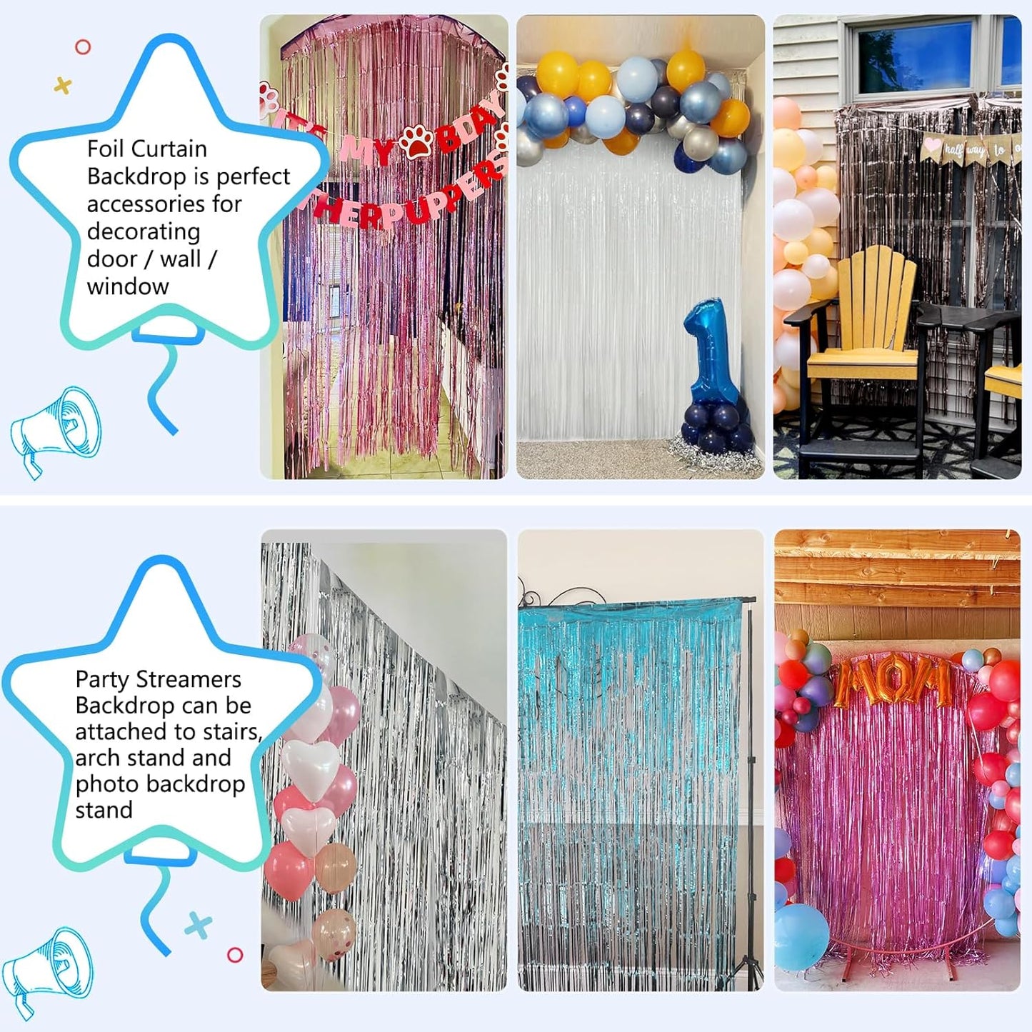 2 Pack Foil Curtain Backdrop Curtains Silver Tinsel Door Streamers Birthday Party Decorations Photo Booth Props for Disco Party Graduation Wedding Baby Shower Bachelorette Christmas Gender Reveal