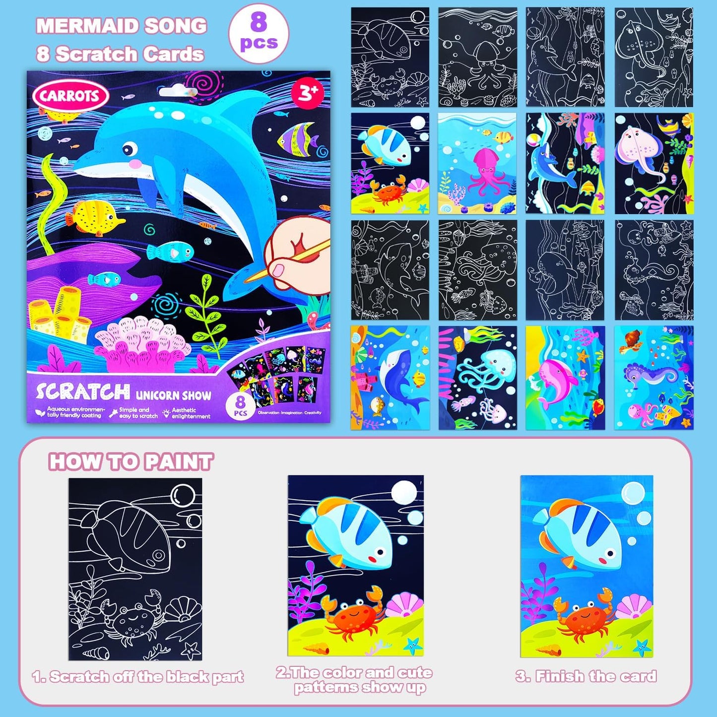 BAOXUE Scratch Art for Kids, Mermaids Black Rainbow Scratch Paper Set-Arts And Crafts & Supplies, DIY Activity & Party Games, Mermaid Toys Gifts for Toddlers, Girls