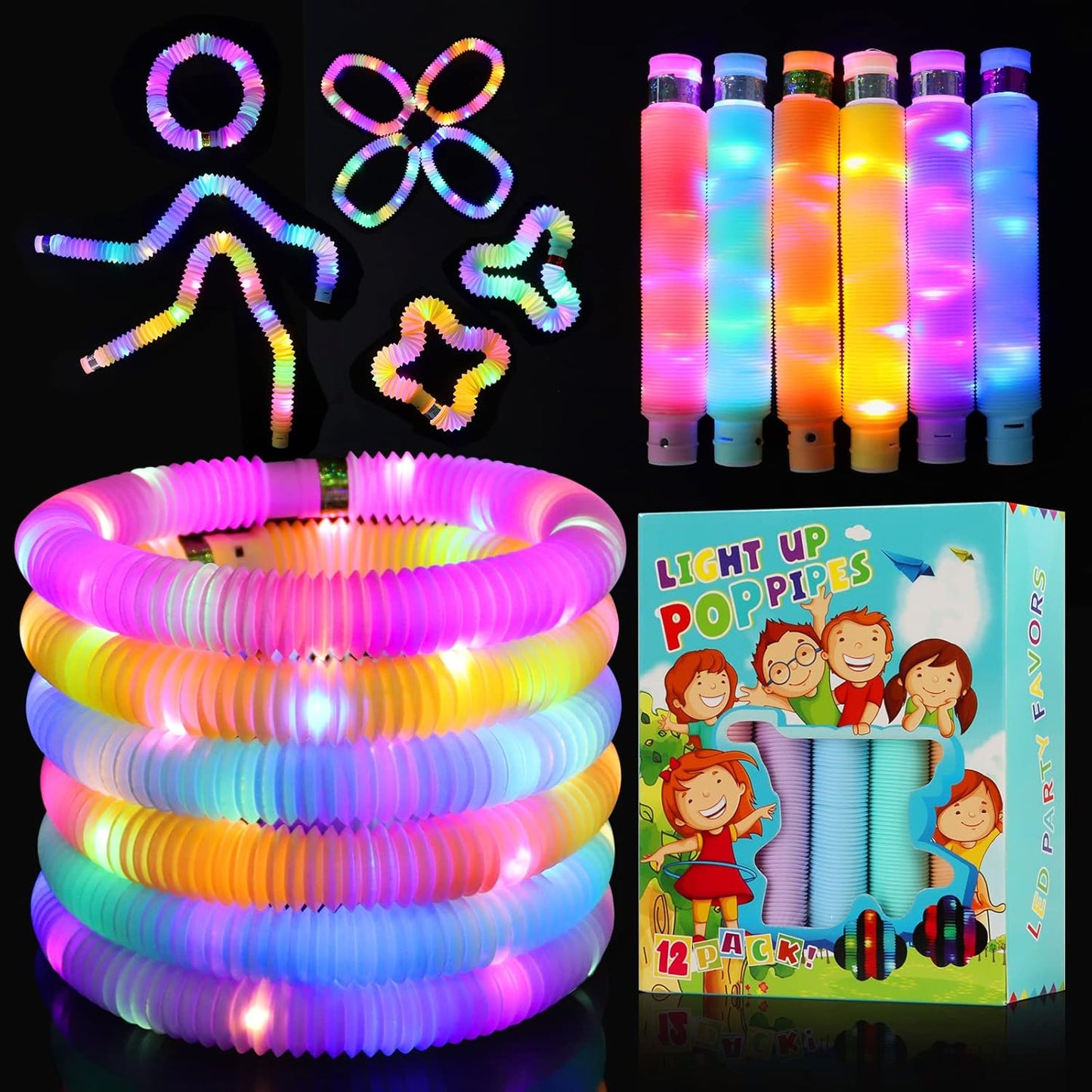 Light Up Glow Sticks Fidget Pop Tubes, 24 Pack Glow in The Dark Party Supplies Toddler Sensory Toys, Glow Stick Thanksgiving Christmas Party Favors Party Pack Gifts for Kids