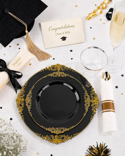 Nervure 350PCS Gold Plastic Plates - Gold Plastic Dinnerware Sets for 50 Guests - 100 Disposable Plates, 150 Silverware, 50 Cups, 50 Napkins for Wedding & Party & Mothers Day