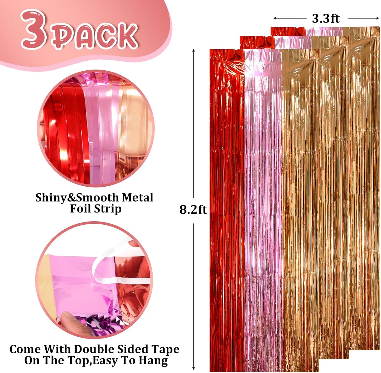 Voircoloria 3 Pack 3.3x8.2 Feet Gold Foil Fringe Backdrop Curtains, Tinsel Streamers, Fringe Backdrop for 2025 New Years Eve, Graduation, Birthday, Baby Shower, Gender Reveal, Disco Party - Colors A