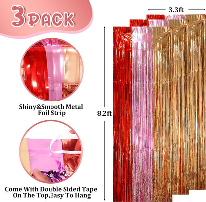 Voircoloria 3 Pack 3.3x8.2 Feet Gold Foil Fringe Backdrop Curtains, Tinsel Streamers, Fringe Backdrop for 2025 New Years Eve, Graduation, Birthday, Baby Shower, Gender Reveal, Disco Party - Colors A