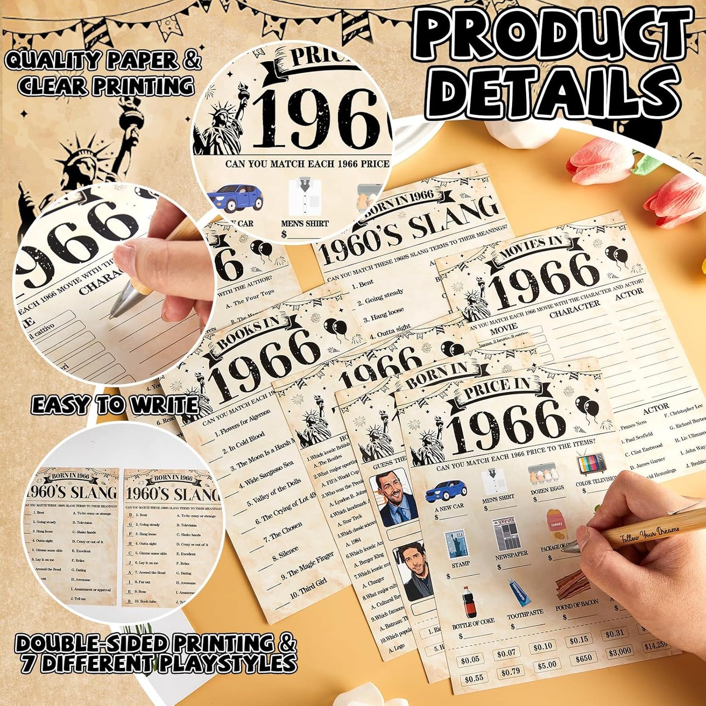 70Pcs 70th Birthday Party Games Born In 1956 Fun 1956 Trivia Music Slang Books Game Double-Sided Game Cards Vintage 70th Birthday Party Supplies for 70 Year Old Activity Anniversary Class Reunion