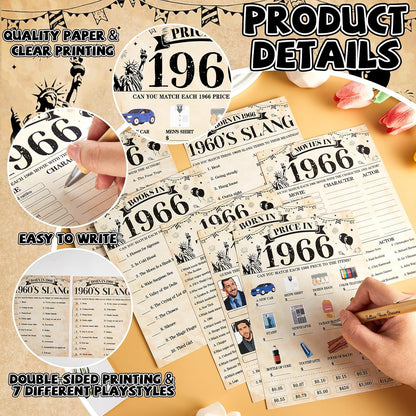 70Pcs 70th Birthday Party Games Born In 1956 Fun 1956 Trivia Music Slang Books Game Double-Sided Game Cards Vintage 70th Birthday Party Supplies for 70 Year Old Activity Anniversary Class Reunion