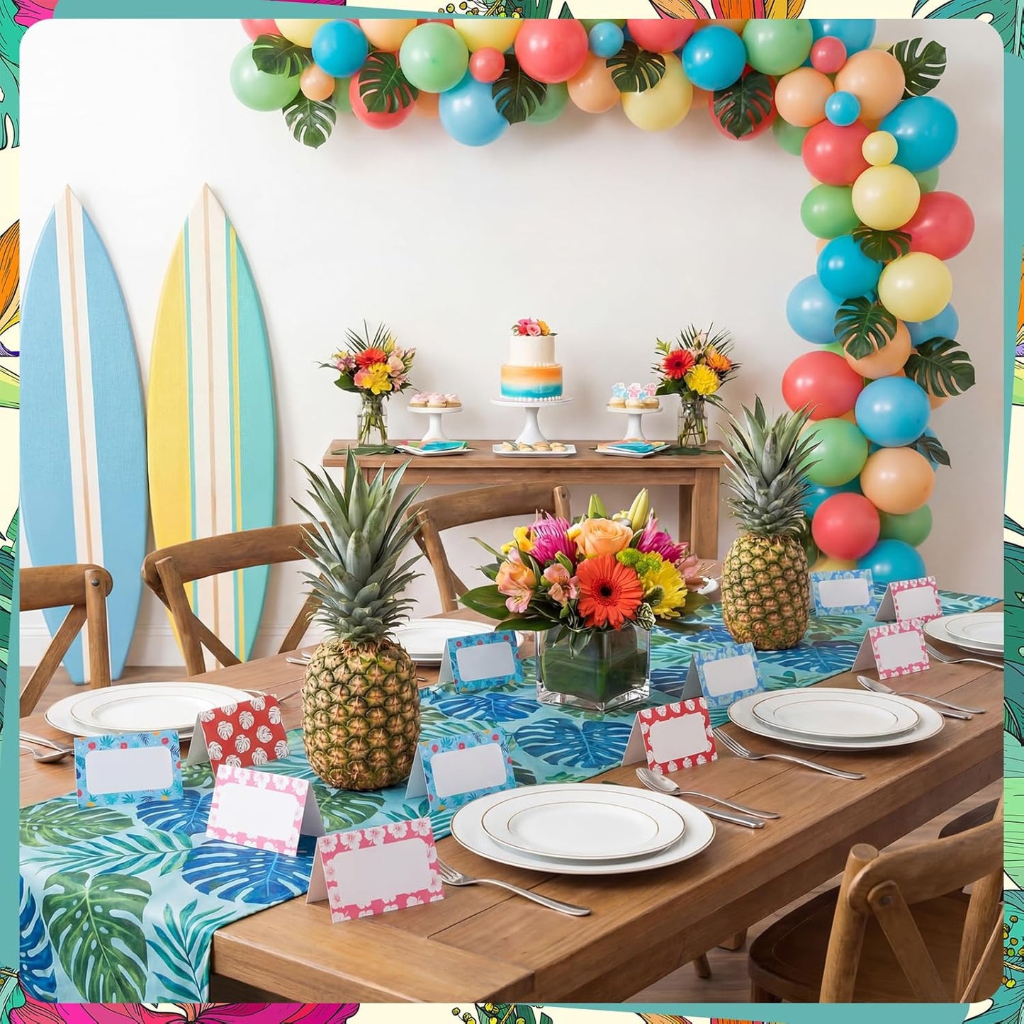 Jetec 48 Pcs Hawaiian Cartoon Place Cards Hawaii Hibiscus and Tropical Leaves Print Table Name Cards Tent Placards Buffet Food Label for Table Setting Hawaiian Themed Party Supplies