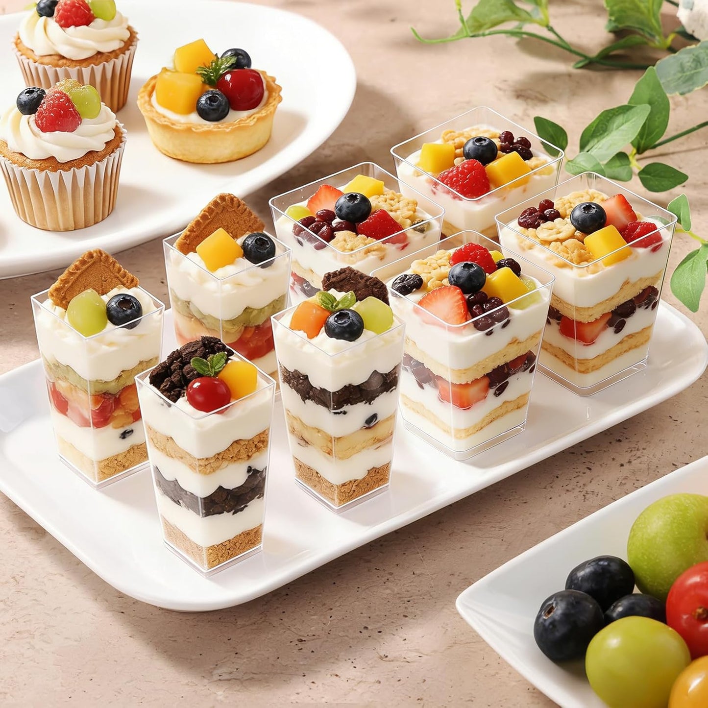 Eupako 3 oz Plastic Dessert Shooter Cups with Spoons - 100 Pack Mini Clear Slanted Appetizer Cup, Small Dessert Cup for Jello Shots, Parfait, Puddings, Mousse