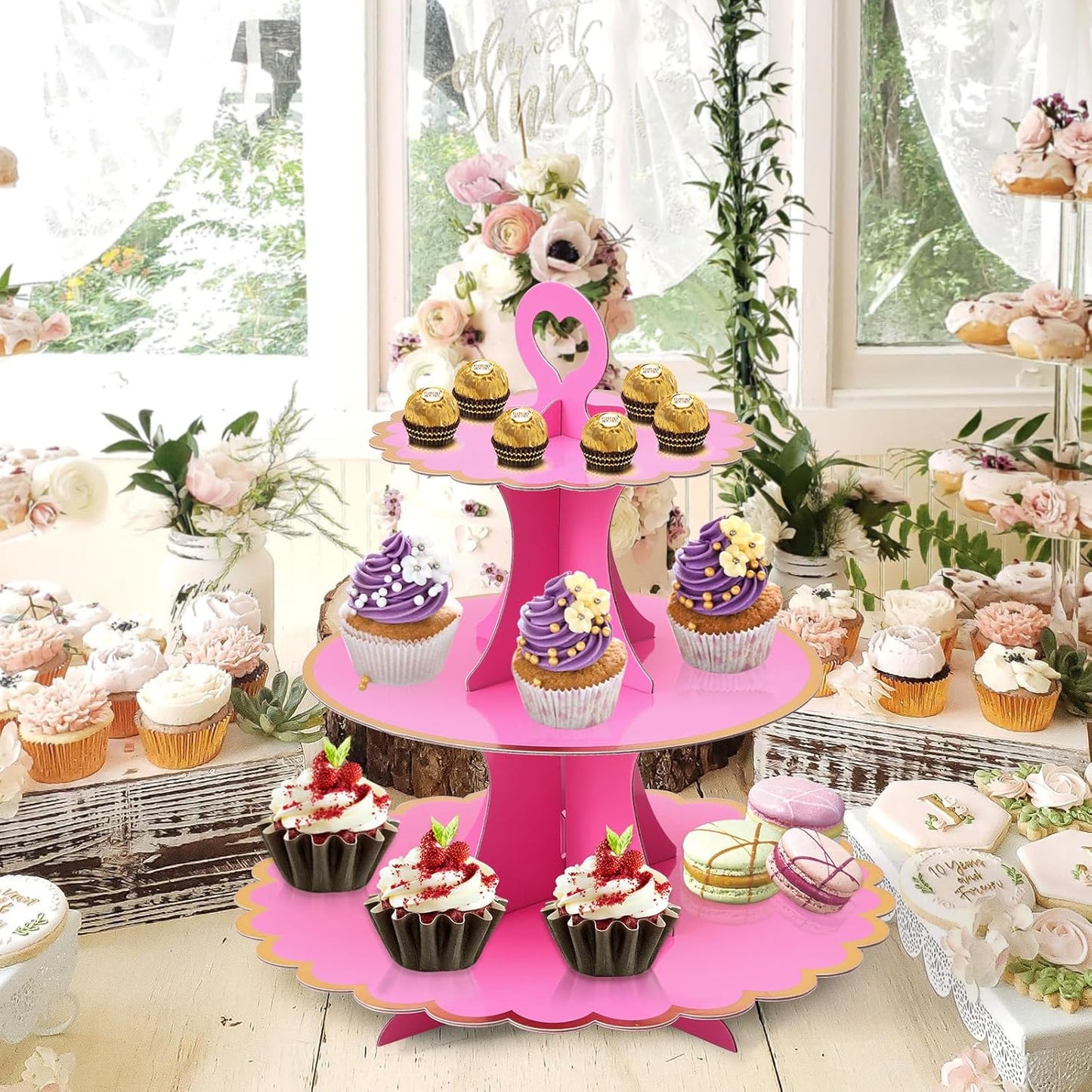 Soleebee 3-Tier Cupcake Stand, Cardboard Cupcake Tower, Cup Cake Stand Tower for Birthday Wedding Party Decoration, Cupcake Tier Stand Desserts Display 1 Set (Purple Gold)