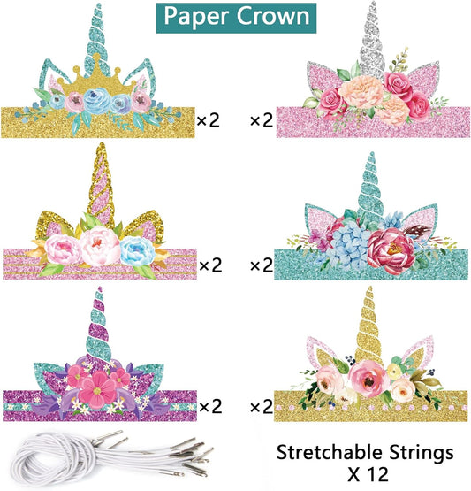chiazllta 12 Pieces Unicorn Birthday Party Hats Unicorn Paper Party Crown Headbands for Girls, Gold Silver Horn Unicorn Theme Decorations Favor Supplies, 6 styles