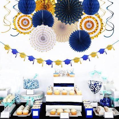 Navy-Blue White Silver Tissue Pom-Poms - 15pcs 5 Size Party Decorations Paper Flowers,Graduation Wedding Baby Bridal Shower Room Hanging Decorations Boy Birthday Party Backdrop Decor Panduola