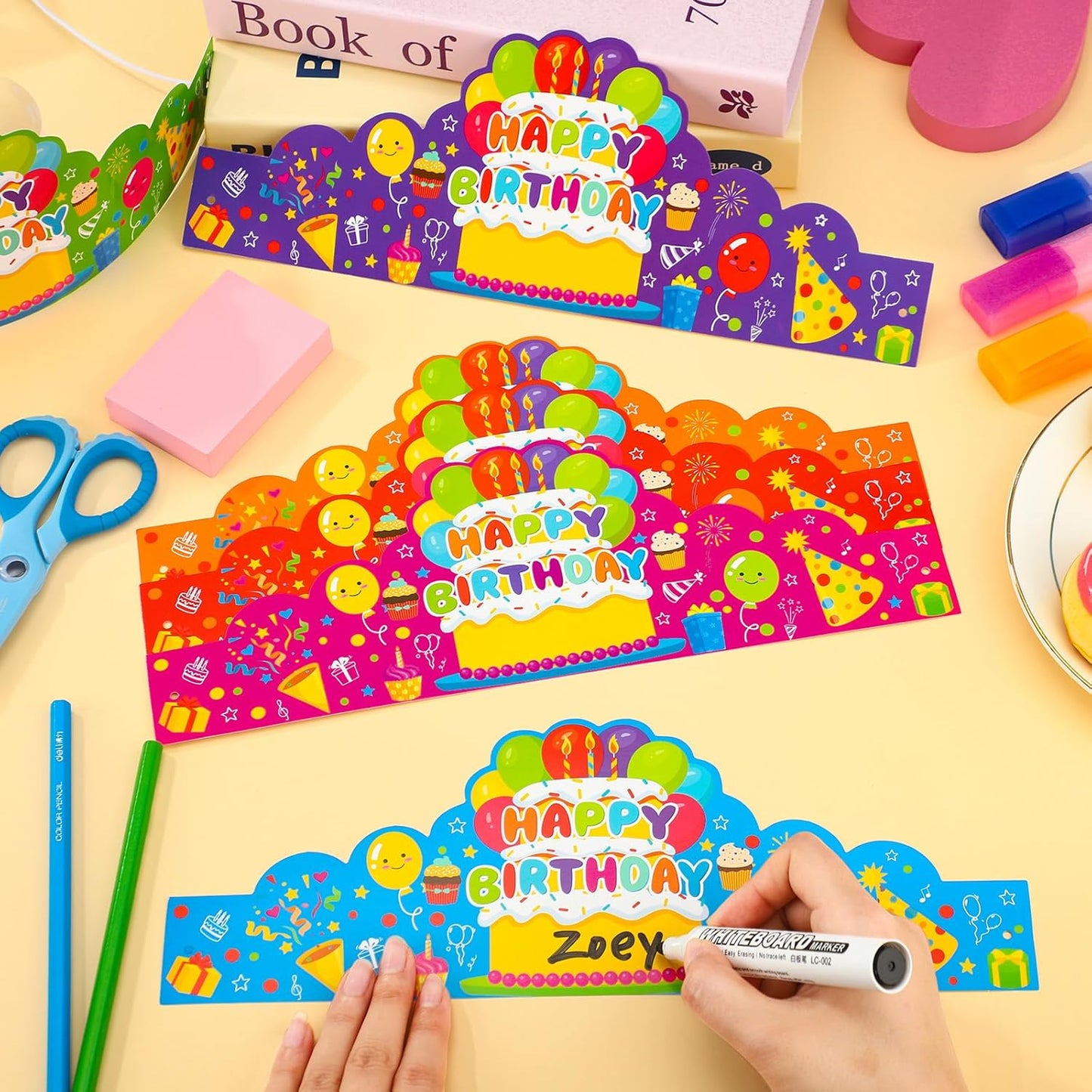 30 Pcs Birthday Party Crowns for Kids Happy Birthday Hats Colorful Crown Set Paper School Classroom Hats with Elastic Band for Classroom School Kids Teacher Party Supplies