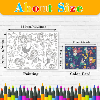 43.3x31.5 Summer Coloring Poster with Picture, Giant Cute Painting Poster, Large Coloring Tablecloth for Classroom Home Birthday Party Supplies Favor