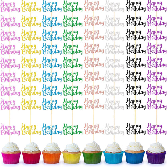 Boao 64 Pieces Happy Birthday Cupcake Toppers Glitter Cake Topper Picks Dessert Topper Decoration for Birthday Party Anniversary Celebration, 8 Colors