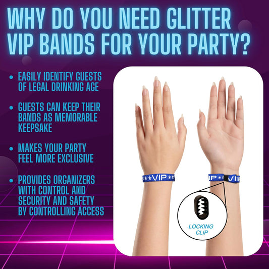 100 Pack Glitter Gold VIP Party Wristbands with Secure Locking Clip. Must Have Adjustable Sparkle VIP Wrist Bands for Events, Parties, Weddings and Festivals