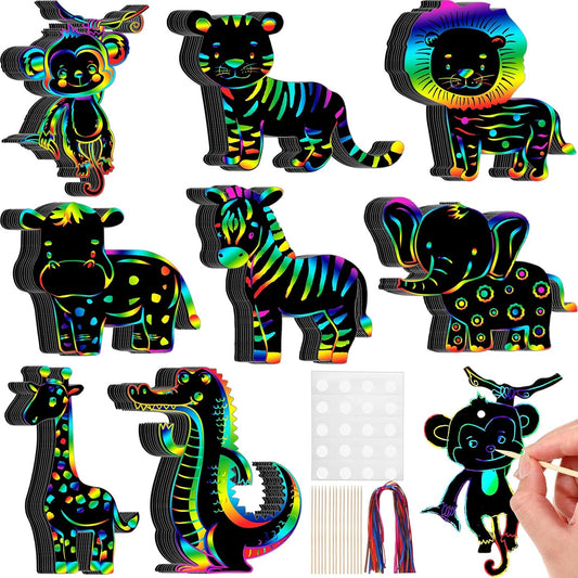 RoundFunny 80 Pcs Jungle Safari Animal Scratch Cards Party Favors Colorful Wild Scratch Painting Paper for Kids DIY Art Craft Kit with 80 Pcs Stick and Ribbon for Birthday Party Ornaments