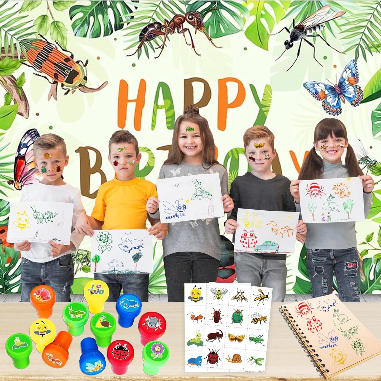 36PCS Bug Party Favors - 24PCS Pre-Cut Temporary Tattoos & 12PCS Stamps - Ideal Spring Summer Animal Themed Birthday Card Decorations Supplies Goodie Bag Kids Gifts Classroom Rewards Prizes