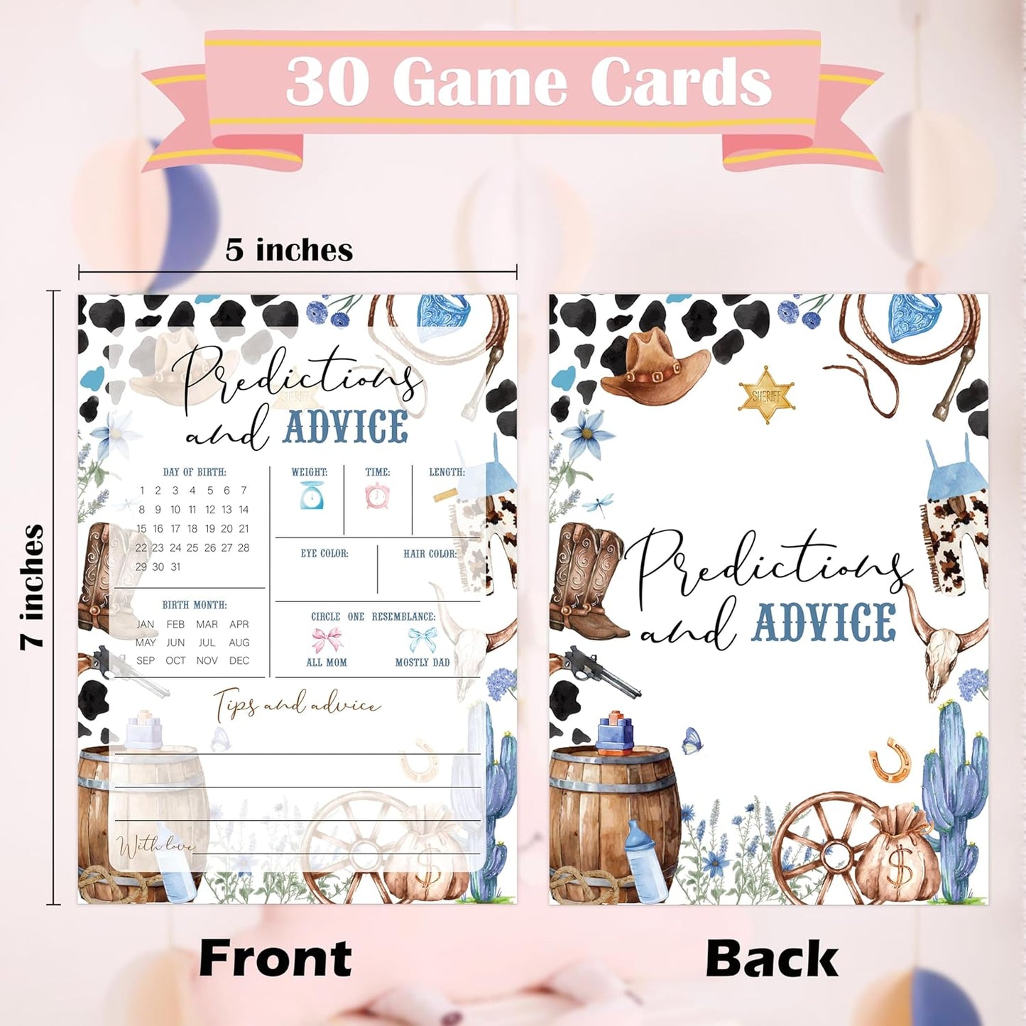 Cowboy Baby Shower Bingo Game, Pack of 30 Game Cards, Wild West Rodeo Shower Game, Gender Reveal Party Decorations, Gender Neutral - KR59