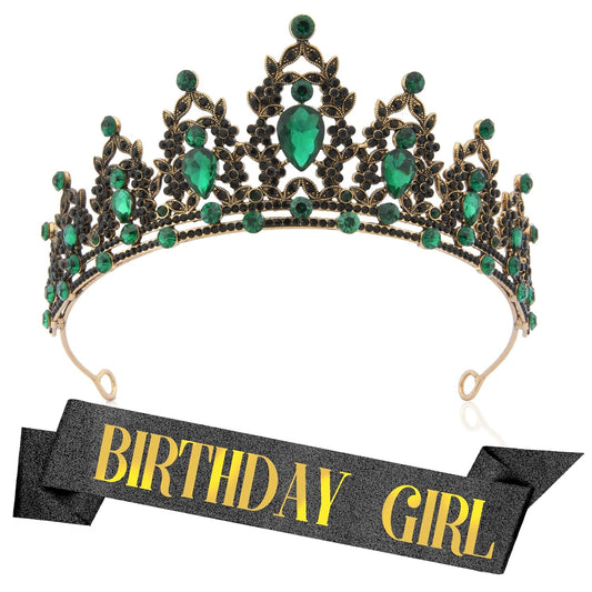 Silver Birthday Crown Headband with Sash for Women - Rhinestone Tiara for Birthday Parties