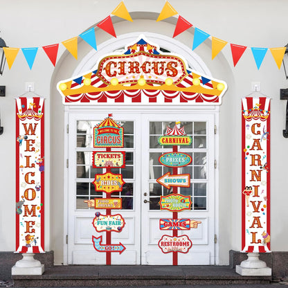 15 Pcs Circus Decorations Carnival Striped Awning Porch Banner Carnival Theme Directional Signs Welcome to the Circus for Birthday Party Supplies