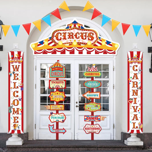 15 Pcs Circus Decorations Carnival Striped Awning Porch Banner Carnival Theme Directional Signs Welcome to the Circus for Birthday Party Supplies