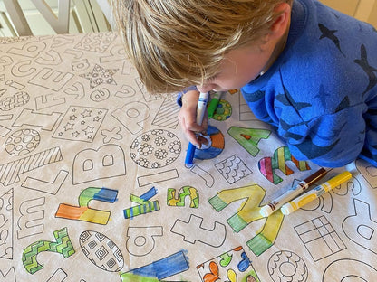 Animal Fun Design – Square Tablecloth 60”X60” – Interactive Coloring Tablecloth for Kids - Poly/Cotton Fabric – Washable and Reusable – DIY Activity for Children and Adults