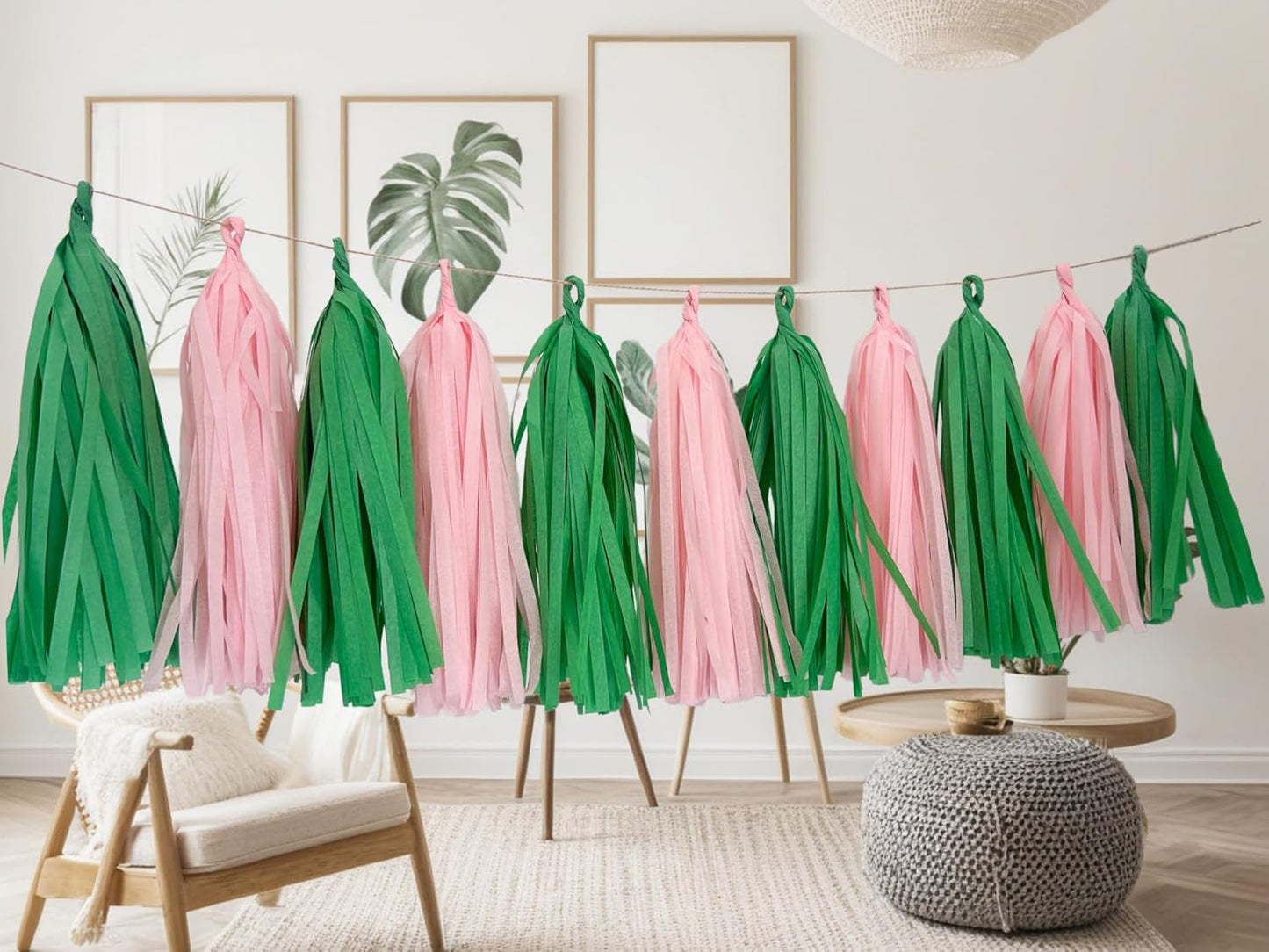 Green and Pink Tassel Garland Banner Tissue Paper Tassels for Party Decorations, Pack of 20