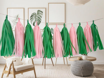 Green and Pink Tassel Garland Banner Tissue Paper Tassels for Party Decorations, Pack of 20