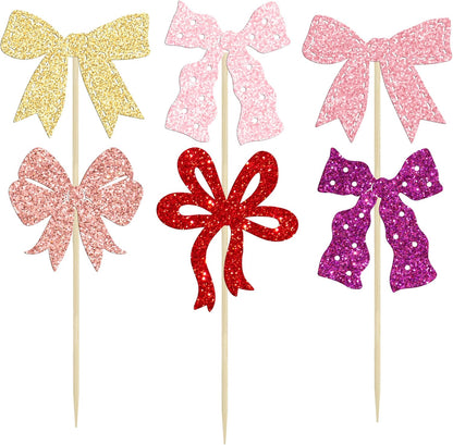 Ephlyn 24Pcs Pink Bow Cupcake Toppers Bow Birthday Cake Topper Girls Birthday Party Decorations Bowknot Cupcake Decorations for Bridal Wedding Themed Party Multi
