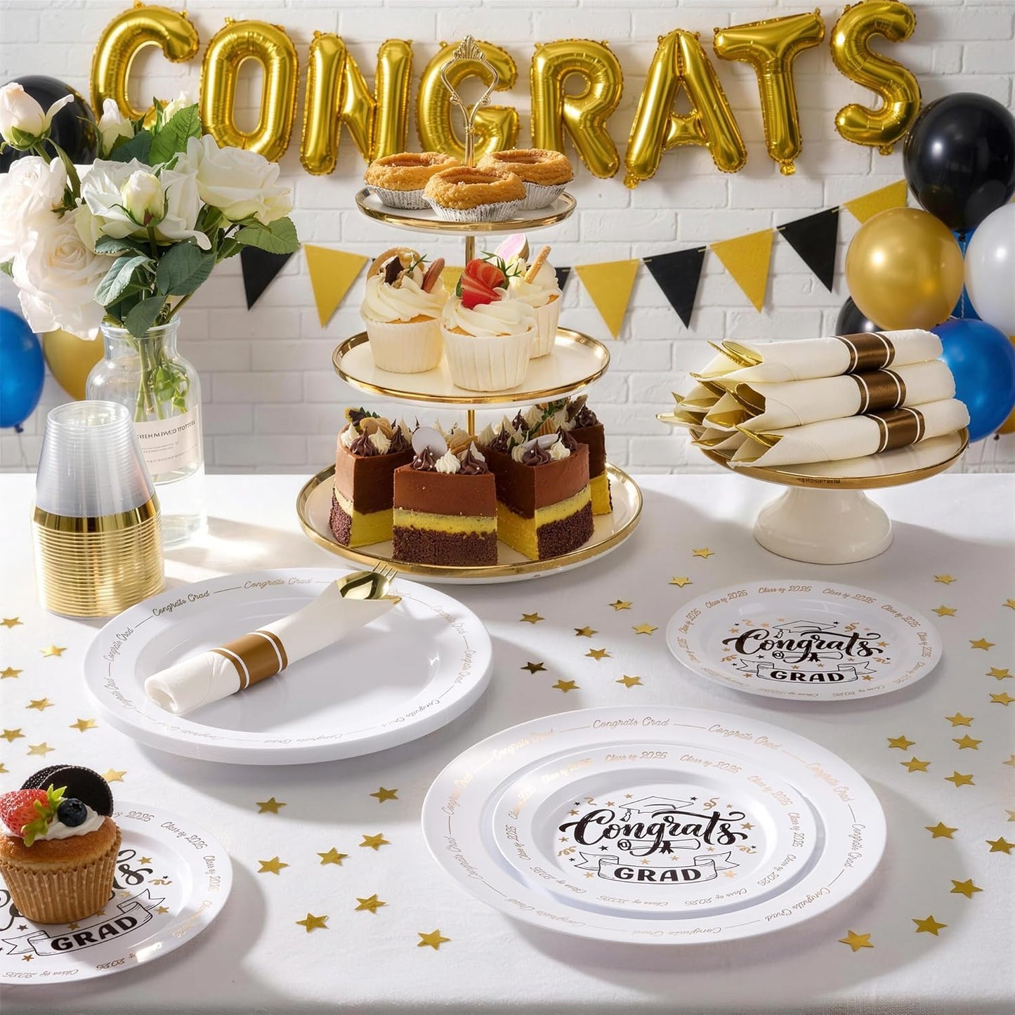 Goodluck 350 Piece Silver Plastic Dinnerware Set for 50 Guests, Fancy Disposable Plates for Party, Include: 50 Dinner Plates, 50 Dessert Plates, 50 Pre Rolled Napkins with Silver Silverware, 50 Cups