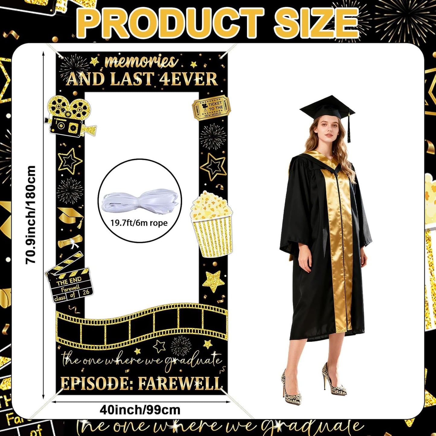 Graduation Decorations Class of 2026 Graduation Party Photo Booth Prop Black Gold Movie Background Congrats Grad Backdrop Banner for Middle High School College Party Decorations