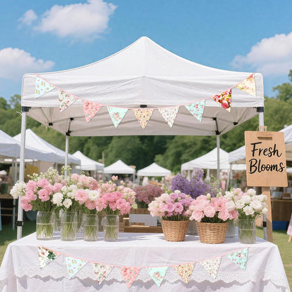 G2PLUS 39Ft Triangle Bunting Banner, 42Pcs Pink Floral Garland Pennant Banner, Reusable Cotton Triangle Flags Party Decoration for Birthday, Wedding, Garden Tea Party, Baby Shower, Room Decor
