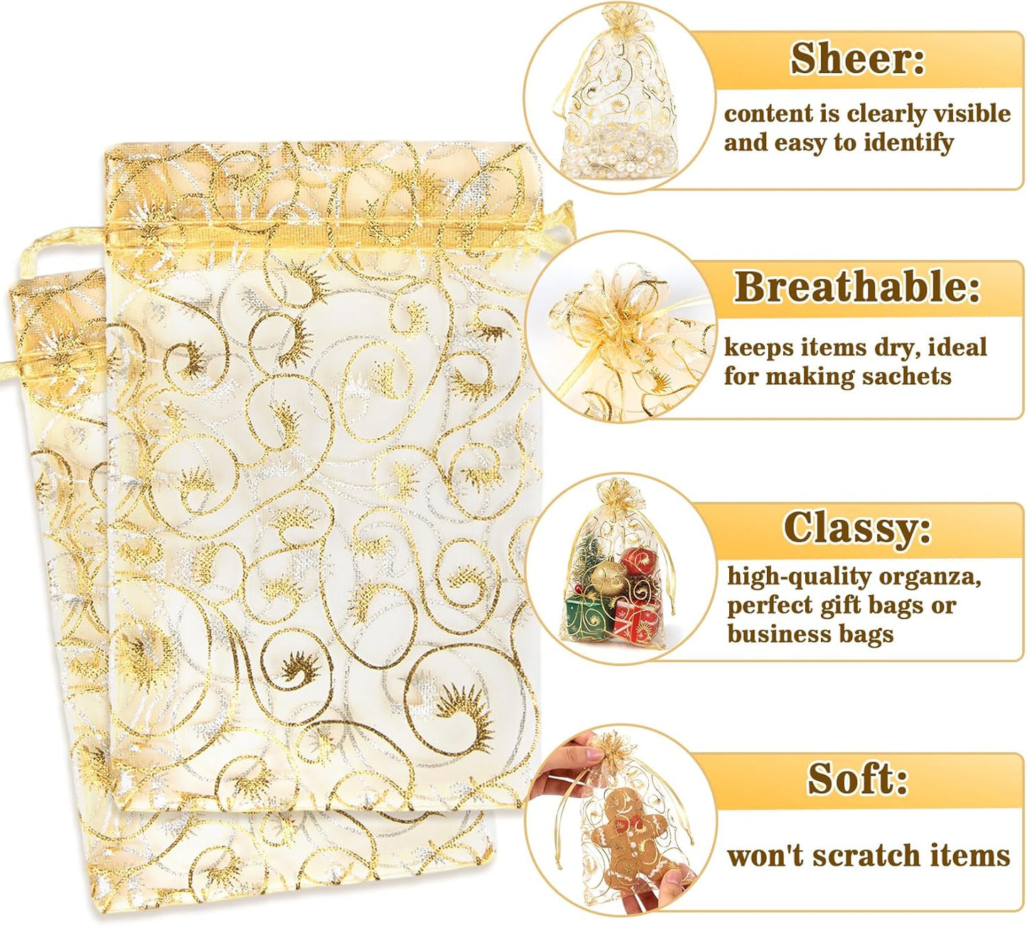 Sukh 100pcs Organza Bags 5''x7'' - White Sheer Mesh Drawstring Bags for Jewelry, Soap, Fruits, Candy, Small Gift Bags for Weddings, Valentine's Day, Mother's Day, Halloween, Thanksgiving, Christmas